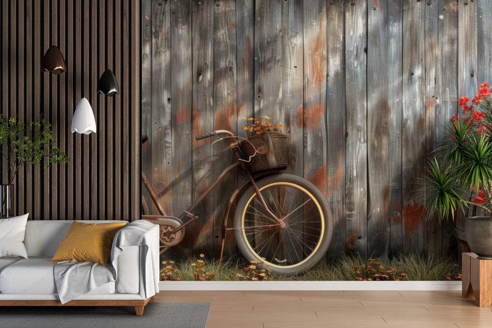 Papier peint fleuri - vélo rétro et géraniums