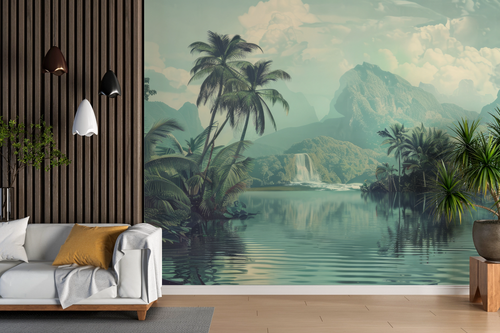 Papier peint tropical - lagune aux palmiers sauvages