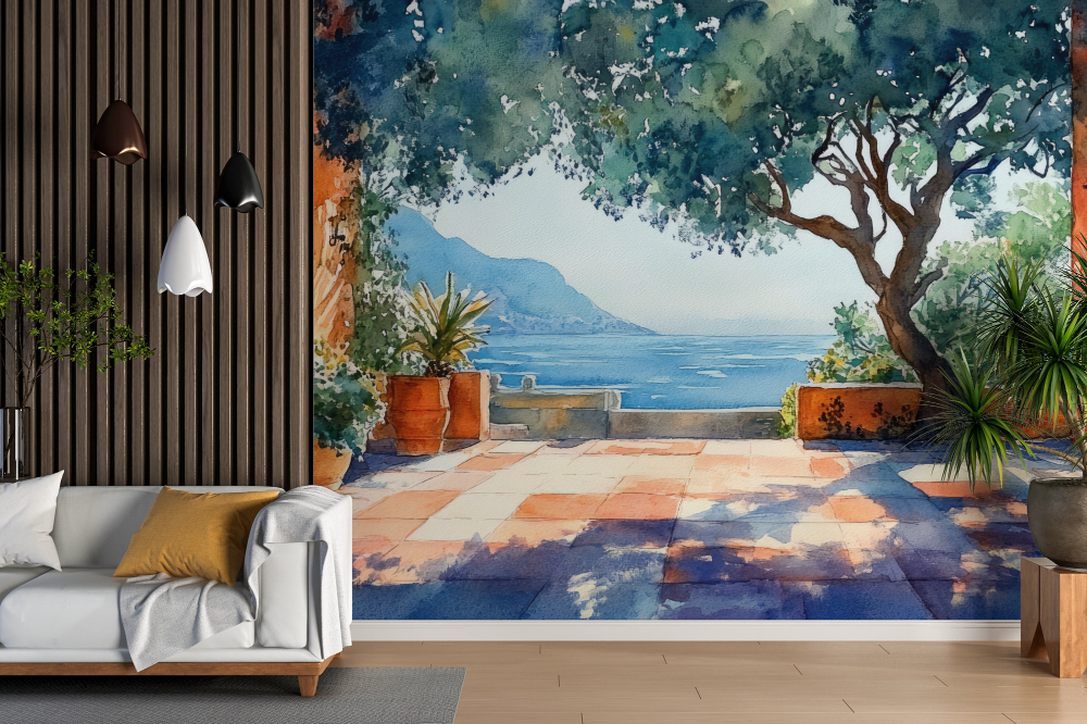 Papier peint campagne - patio ombragé sur la mer