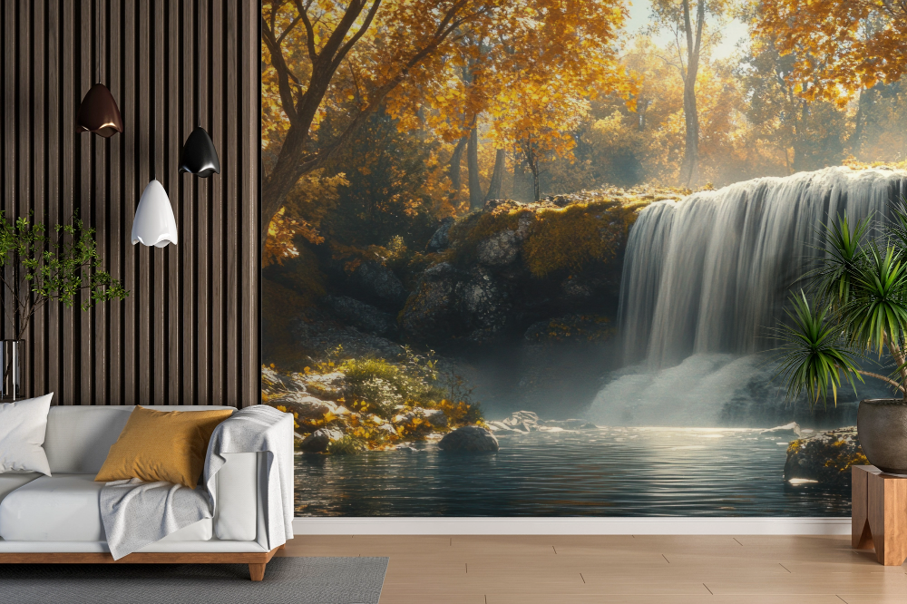 Papier peint cascades - cascade dorée d'automne