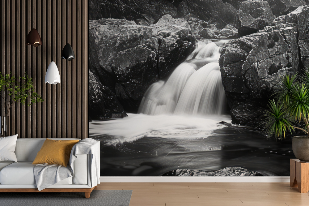 Papier peint cascades - torrent noir et blanc