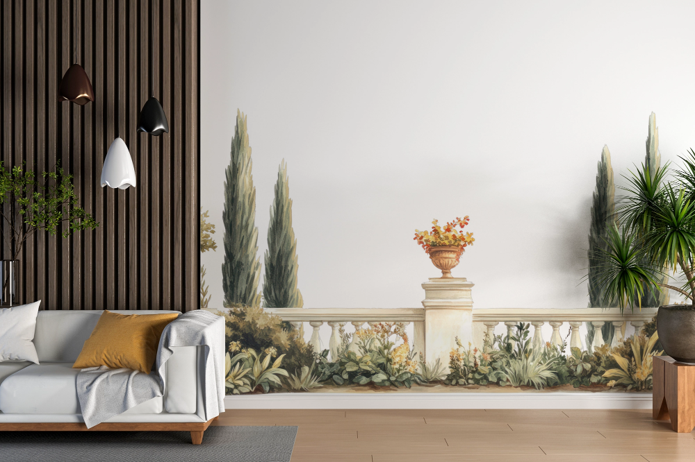 Papier peint campagne - balustrade et cyprès méditerranéens