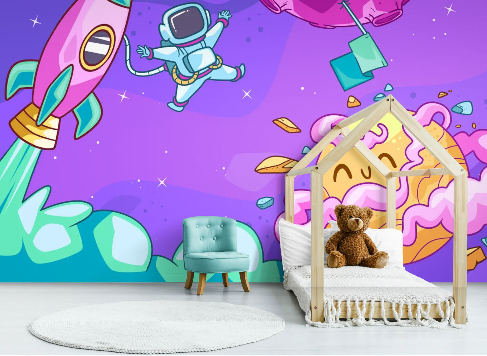 Papier peint enfant – Espace et astronaute coloré