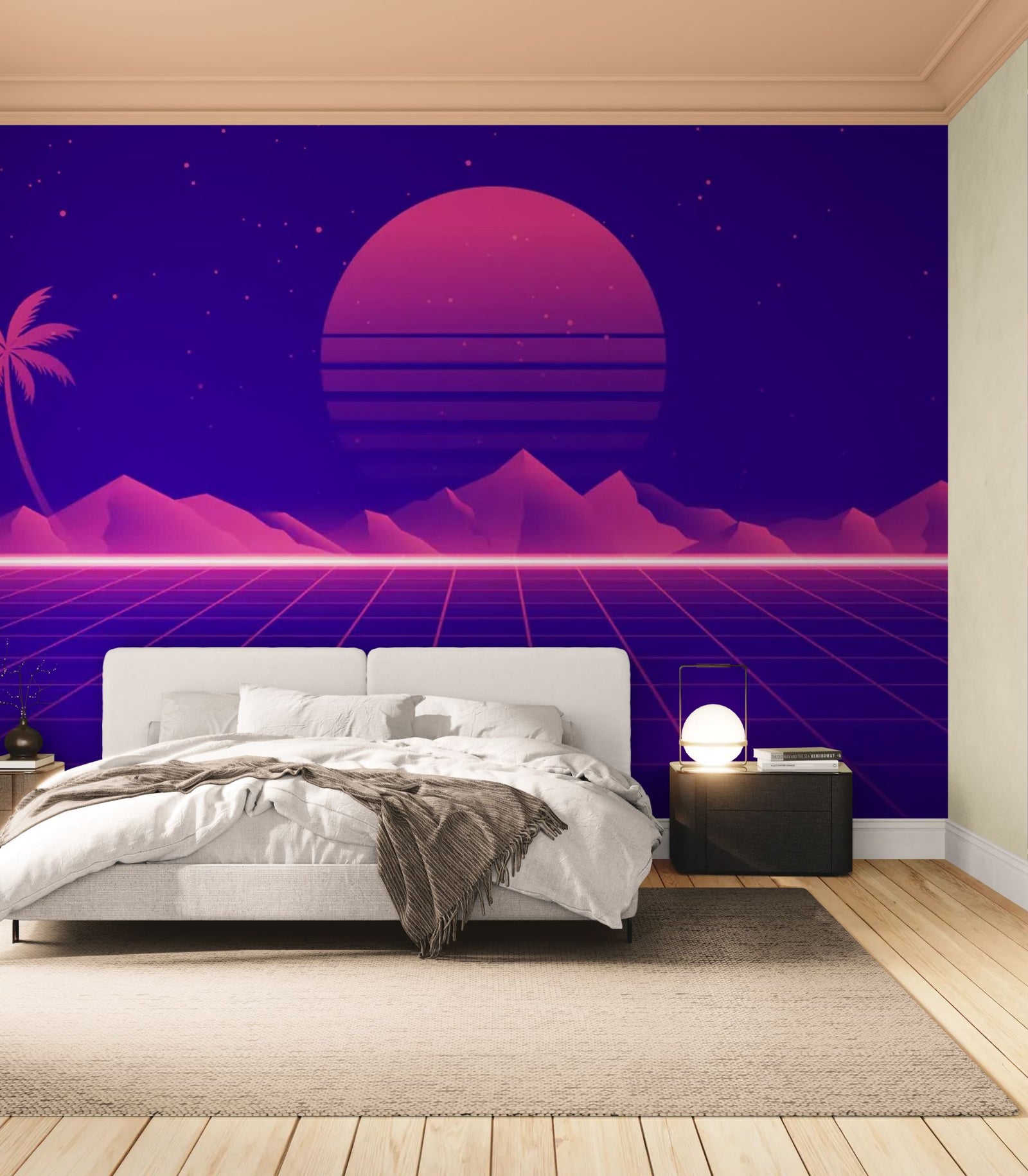 Papier peint rétro futuriste – paysage synthwave violet