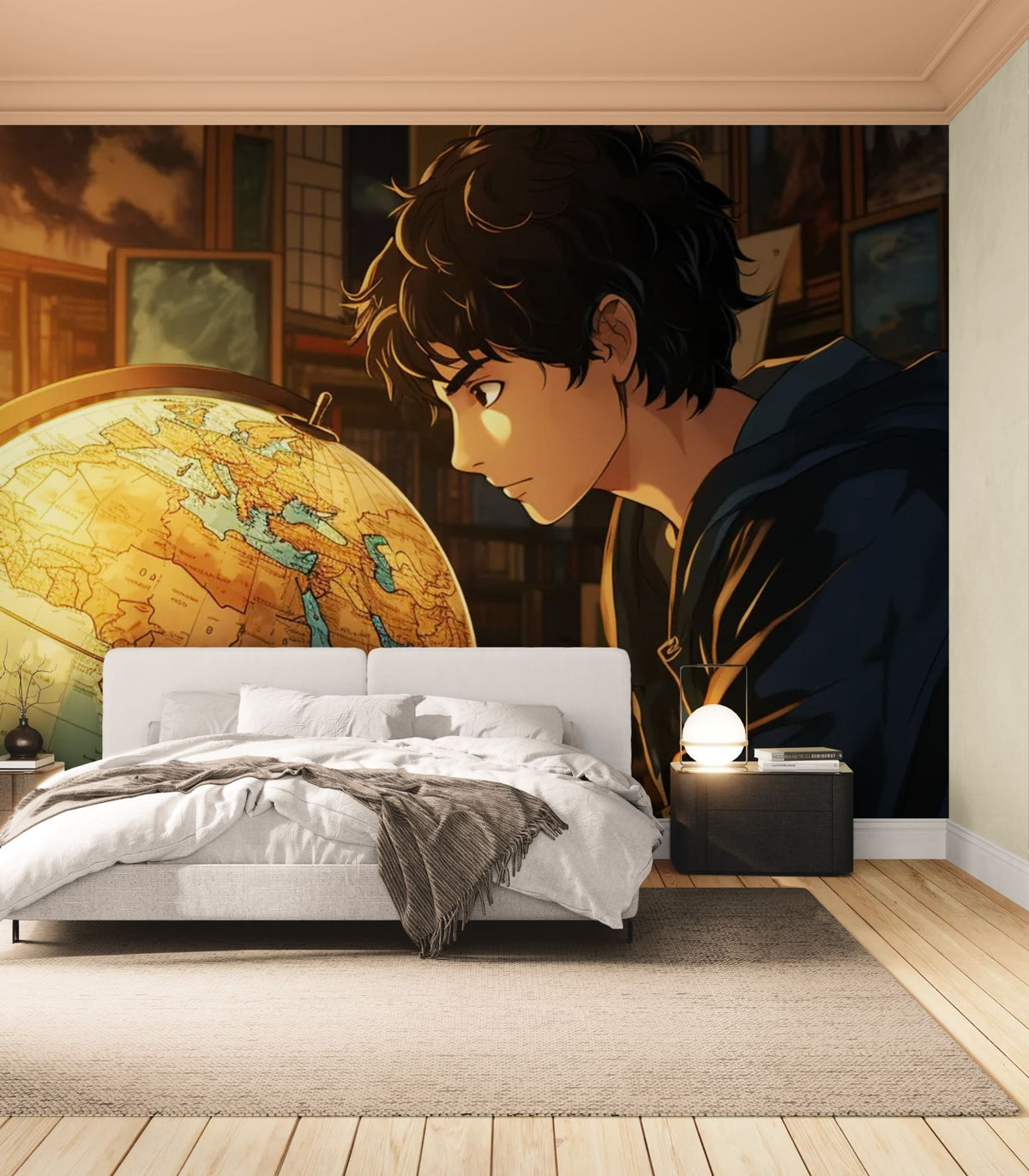 Papier peint enfant - Garçon devant un globe terrestre