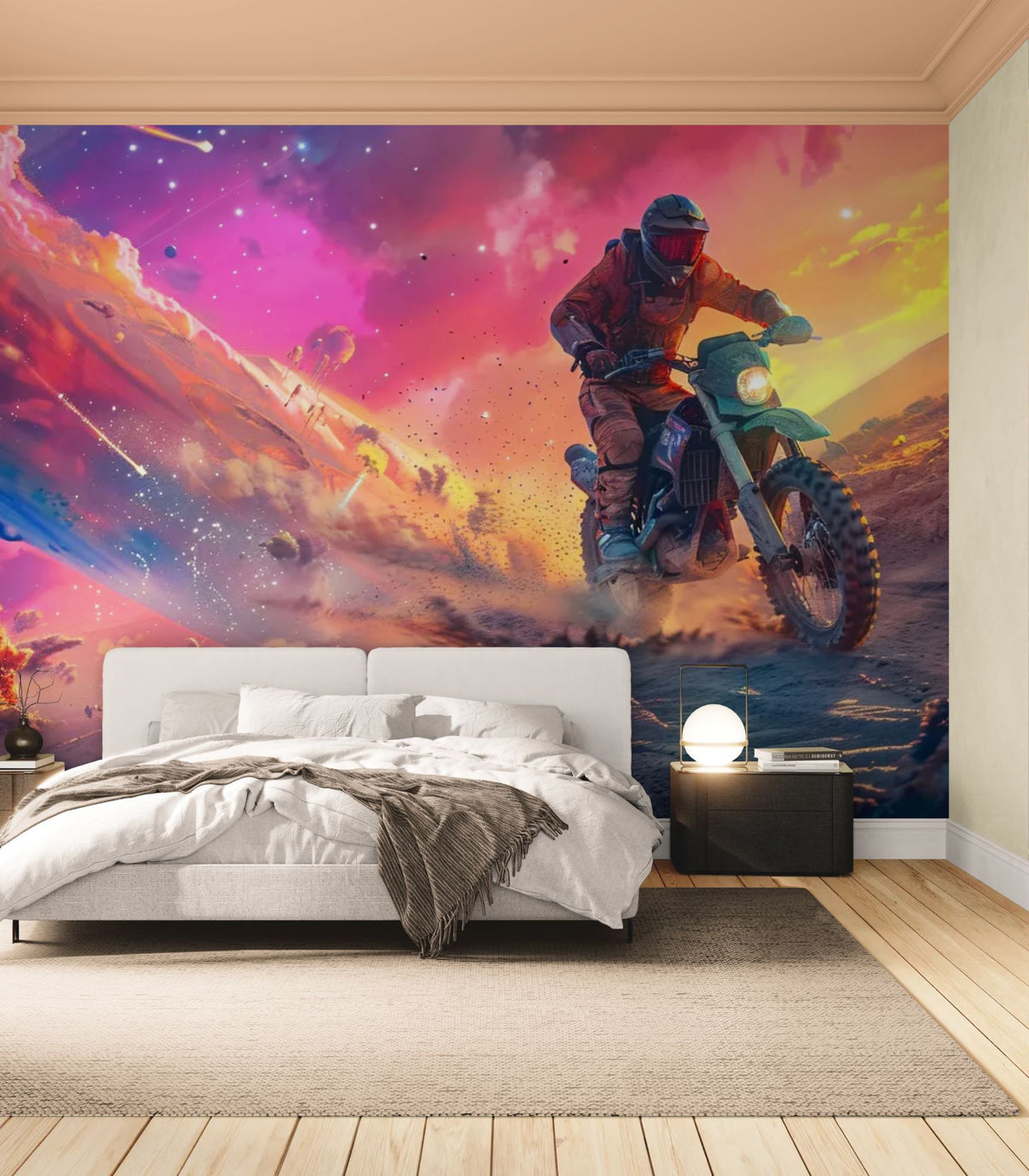 Weltraum-Tapete – Motorradfahrer in einer farbenfrohen Weltraumlandschaft