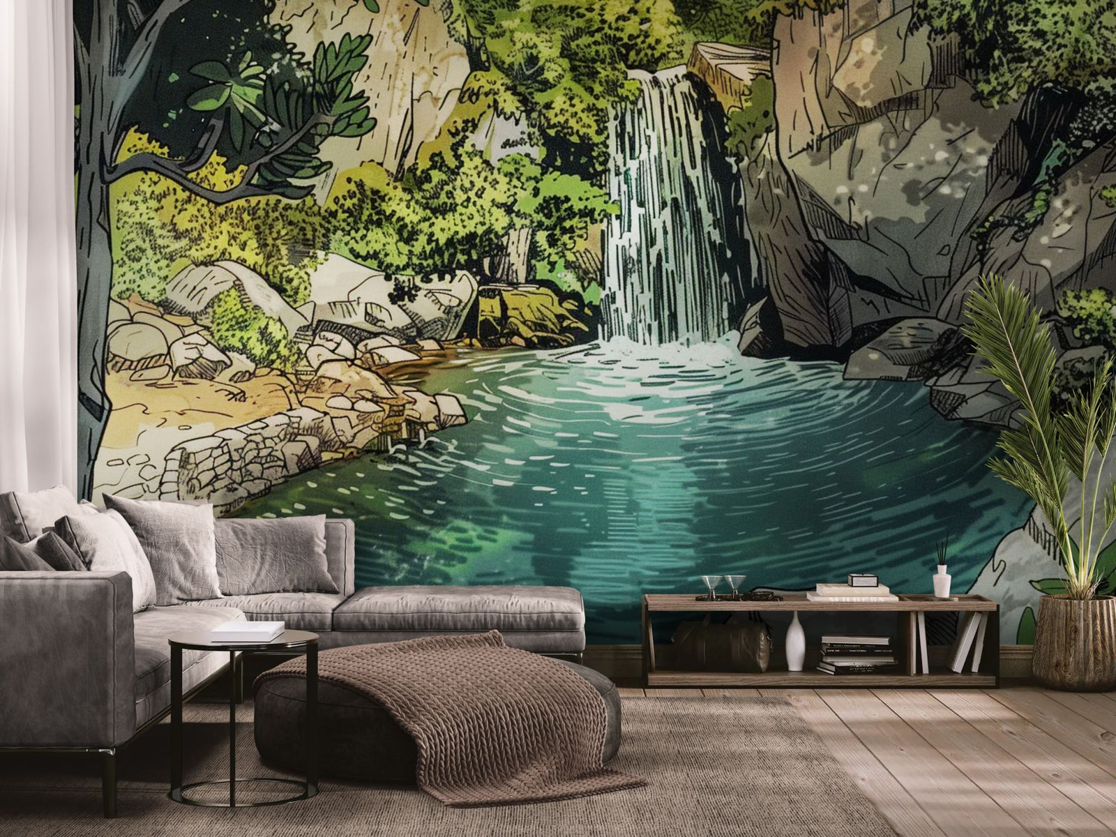 Illustrated wallpaper – peaceful waterfall in a verdant heart