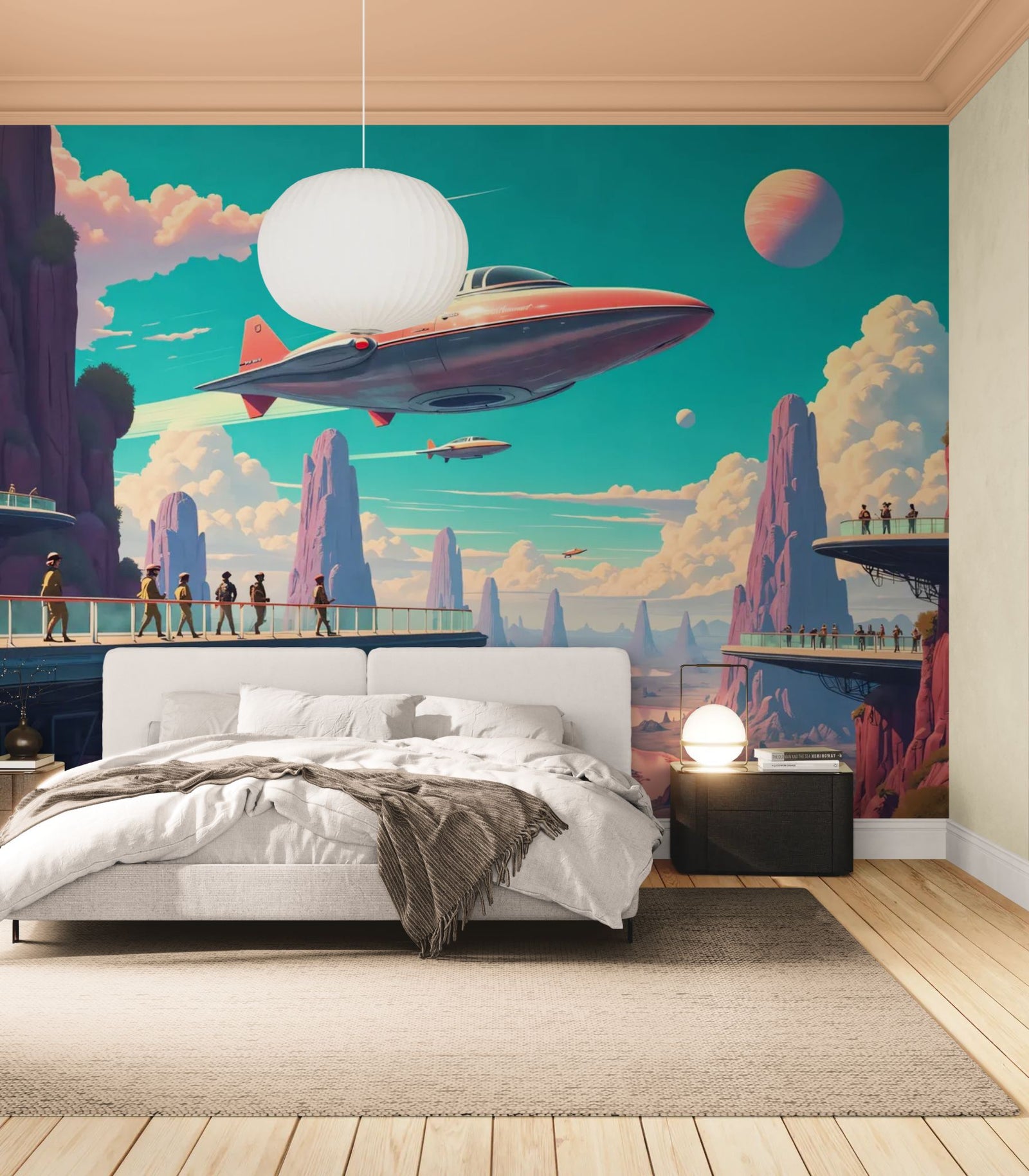 Papier Peint Rétro-Futuriste — Horizons Turquoise de Cassiopée