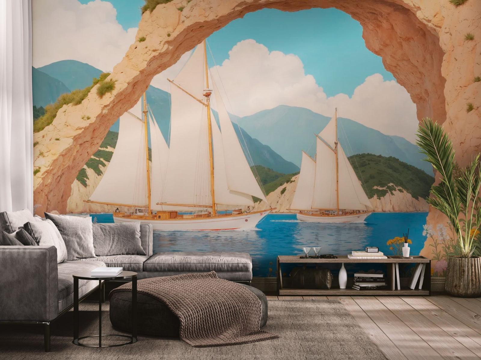 Landscape wallpaper – sailboats under a rocky arch