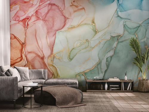 Papier peint Abstrait – encres pastel aux lignes dorées