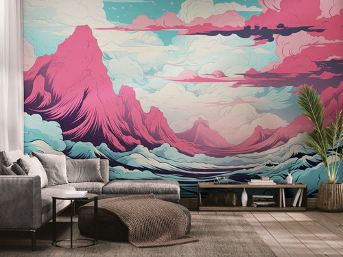Papier peint Illustré – paysage fantastique aux montagnes roses