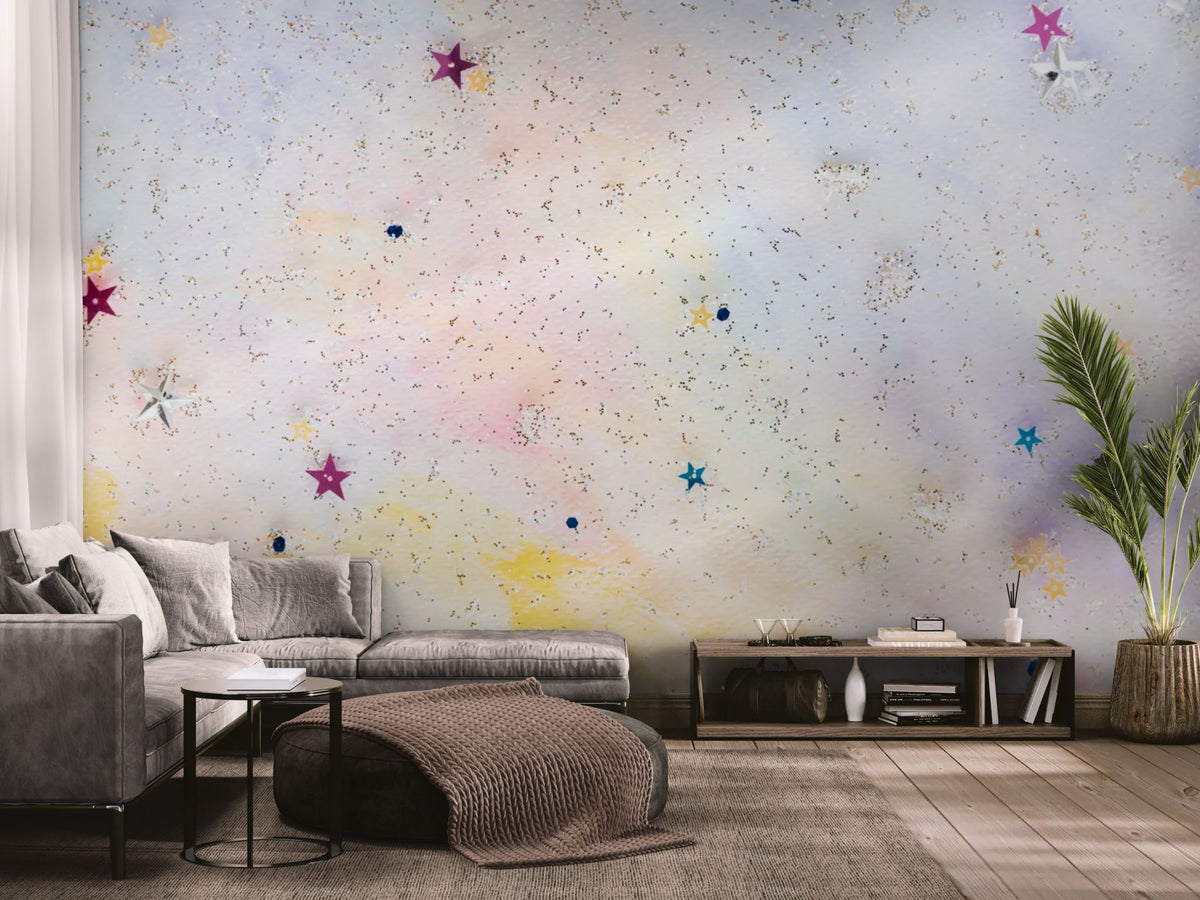 Papier peint enfant - Petites étoiles multicolores sur fond pastel