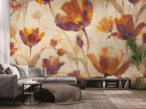 Papier peint Floral – fond aquarelle fleurs mocha
