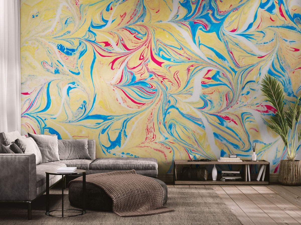 Papier peint abstrait - Marbrures multicolores sur fond jaune