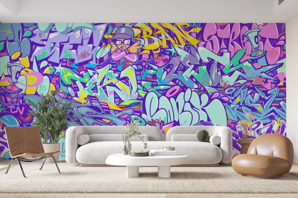 Papier peint graffiti - lettrages graphiques violets