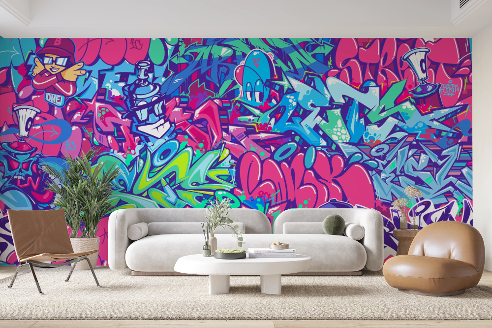 Papier peint graffiti - fresque de street art bleue et rose