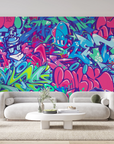 Papier peint graffiti - fresque de street art bleue et rose