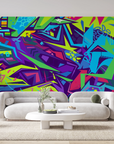 Papier peint graffiti - lettrages urbains bleu et vert