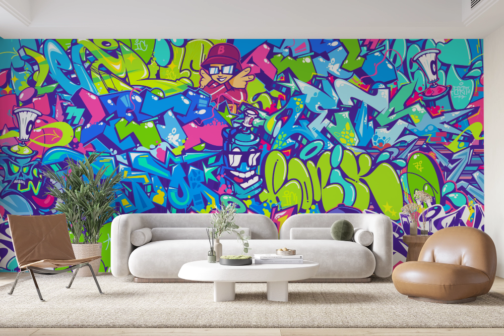 Papier peint graffiti - fresque de street art bleue et jaune