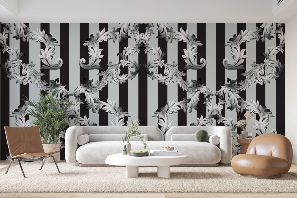 Papier peint baroque - damas classique noir et blanc