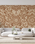 Papier peint rétro - tapisserie fleurie marron et or