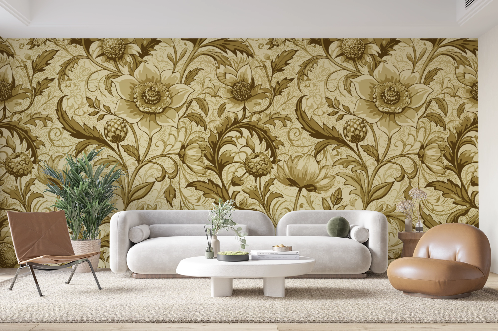 Papier peint rétro - damas floral vert olive et beige