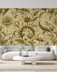 Papier peint rétro - damas floral vert olive et beige
