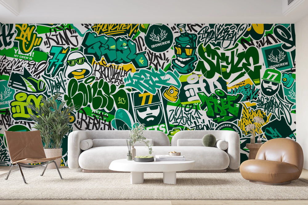 Papier peint graffiti - lettrages urbains vert et blanc