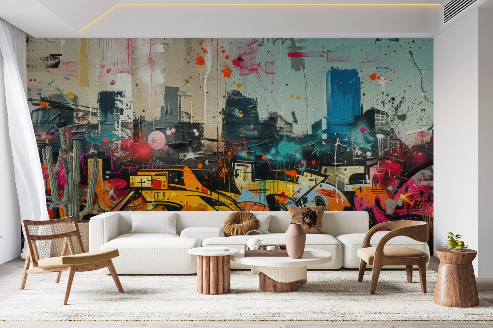 Papier peint graffiti - lettrages urbains et gratte-ciels