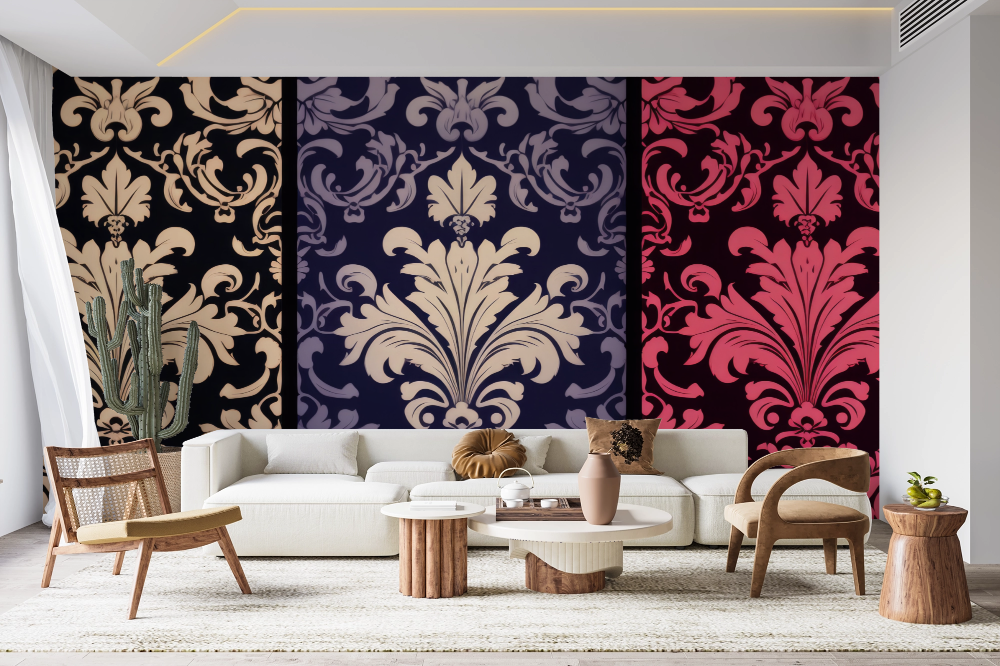 Papier peint baroque - damas classique rose, bleu et noir