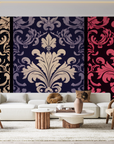 Papier peint baroque - damas classique rose, bleu et noir