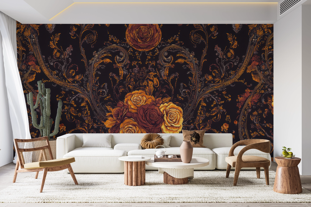 Papier peint baroque - fleurs dorées sur fond noir