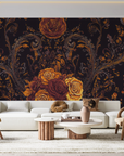 Papier peint baroque - fleurs dorées sur fond noir