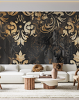 Papier peint baroque - damas or et noir patiné