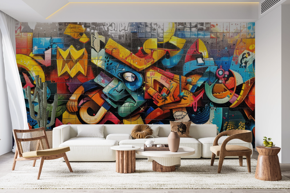 Papier peint graffiti - fresque murale relief multicolore