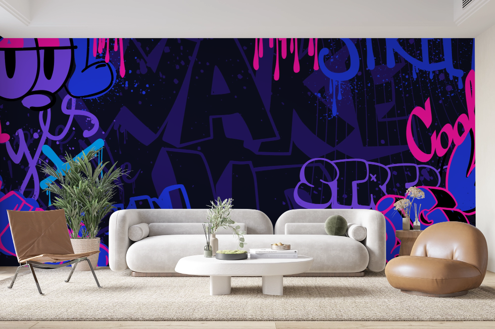 Papier peint graffiti - tags urbains bleu et violet