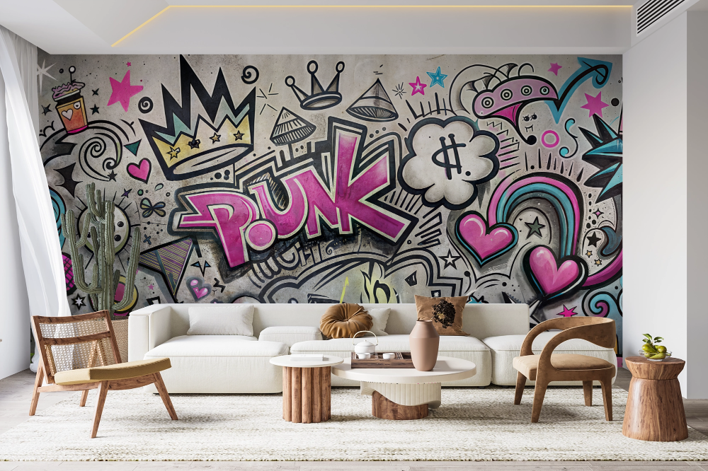 Papier peint graffiti - dessins urbains gris et rose