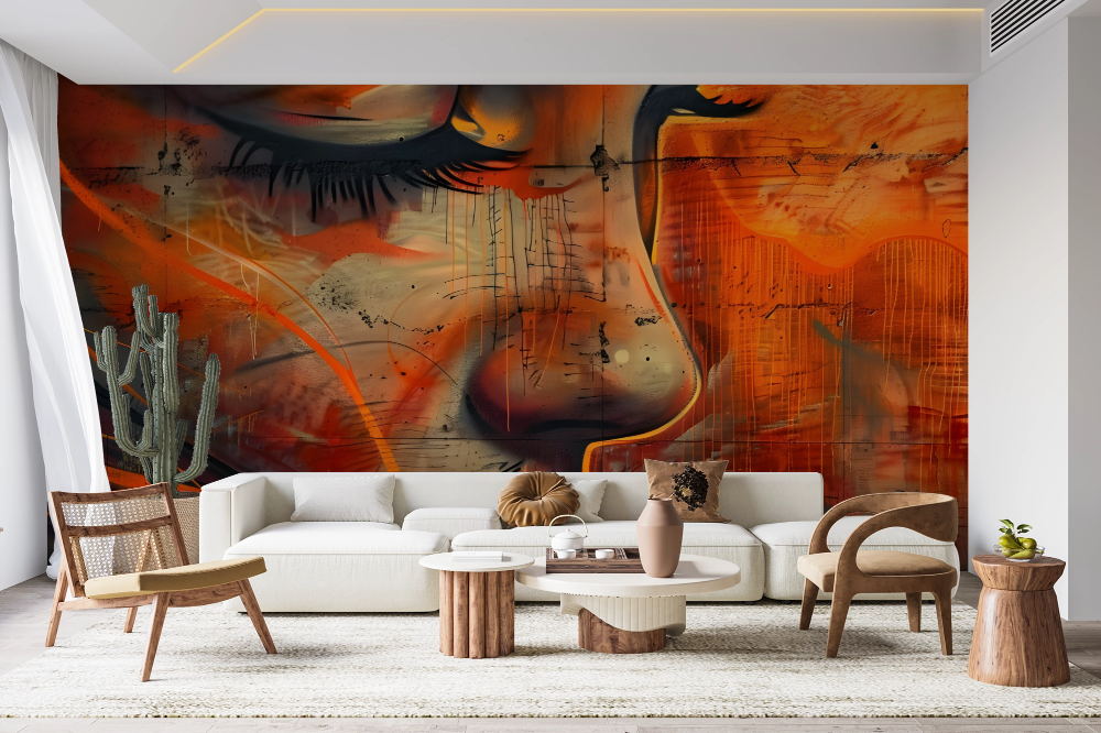 Papier peint graffiti - portrait de femme abstrait orange
