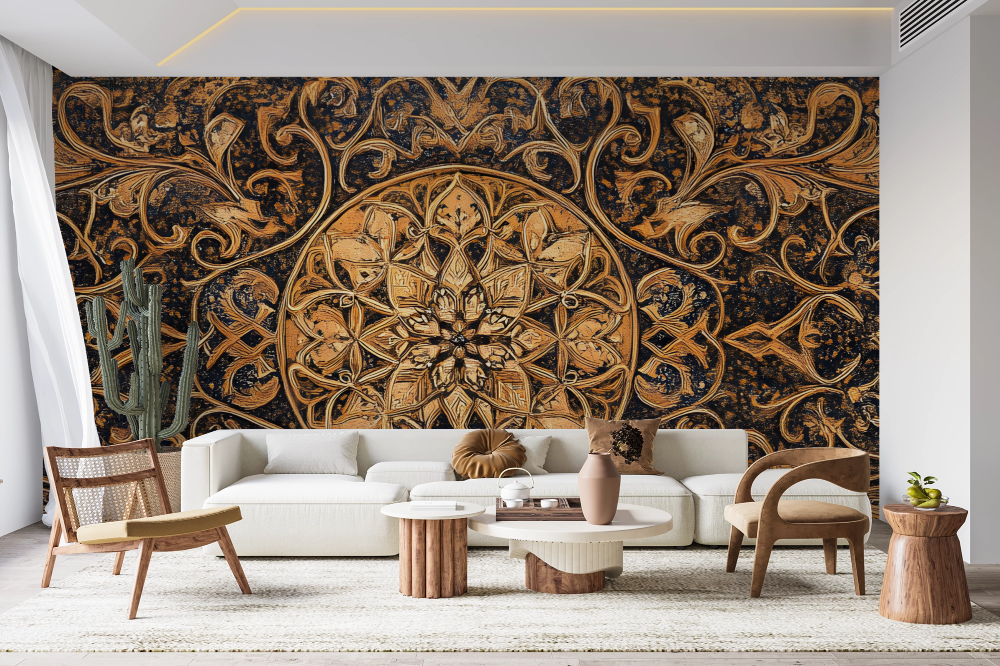 Papier peint baroque - grands motifs dorés sur fond noir