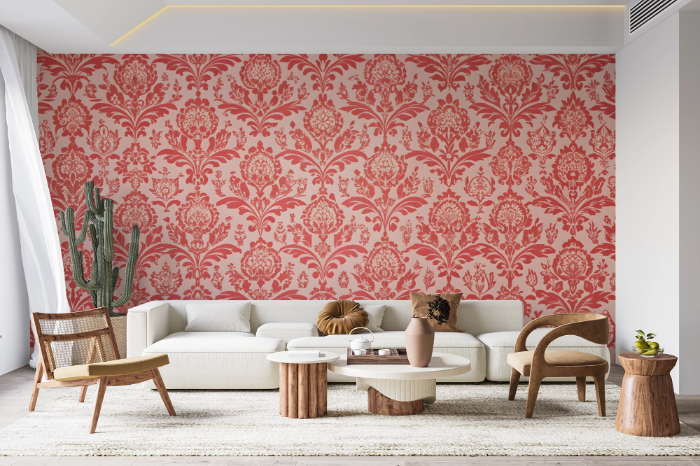 Papier peint baroque - damas classique rouge et blanc