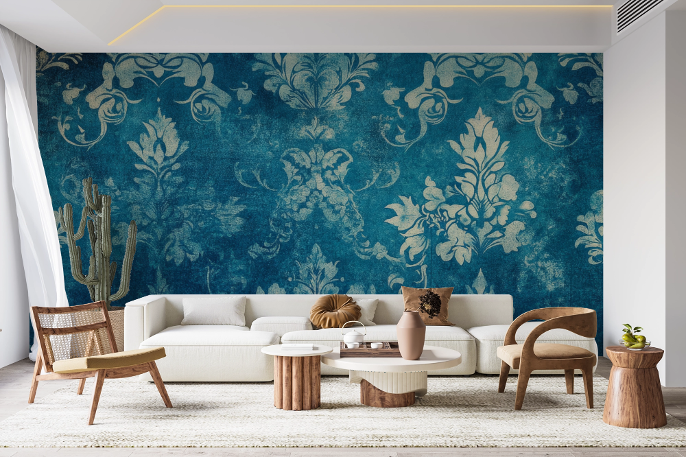 Papier peint baroque - damas floral bleu canard et blanc