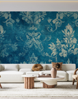 Papier peint baroque - damas floral bleu canard et blanc