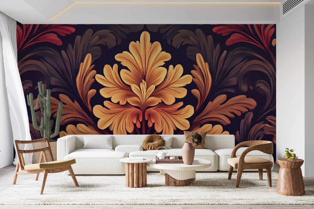 Papier peint baroque - fleurs dorées et fond sombre d'antan