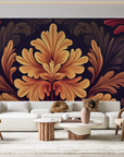 Papier peint baroque - fleurs dorées et fond sombre d'antan