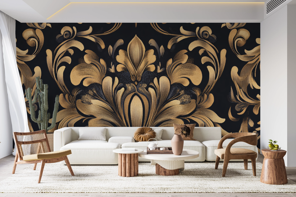 Papier peint baroque - damas classique noir et doré