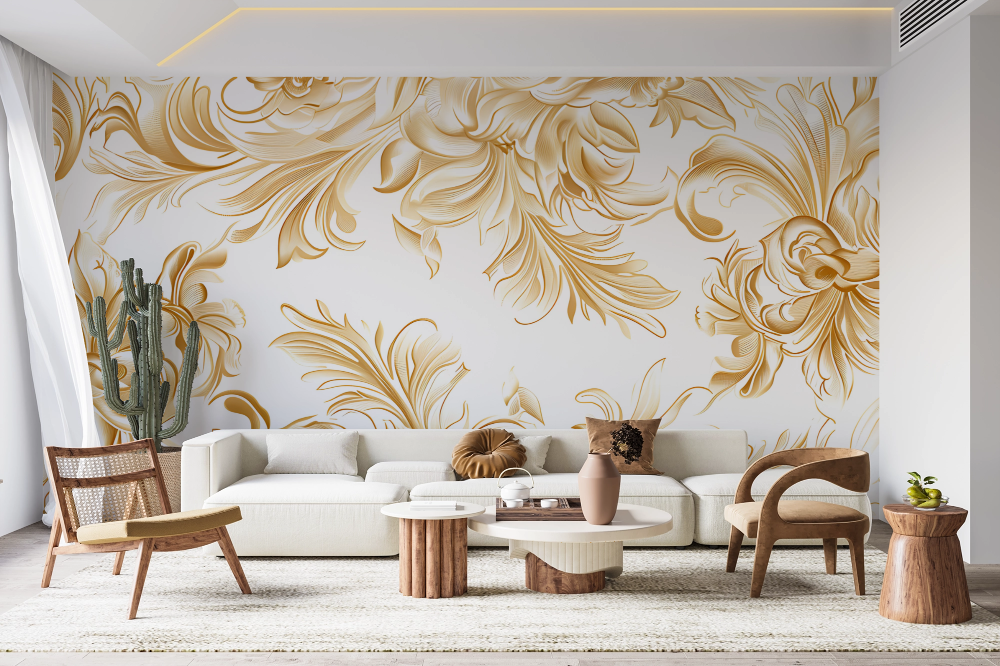 Papier peint baroque - grands rinceaux dorés sur fond blanc