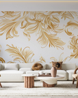 Papier peint baroque - grands rinceaux dorés sur fond blanc