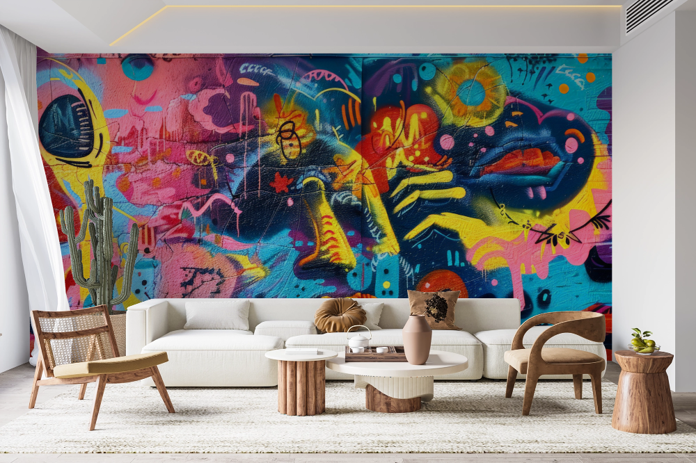 Papier peint graffiti - visages pop art multicolores imbriqués