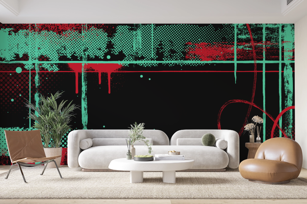 Papier peint graffiti - texture urbaine verte et rouge