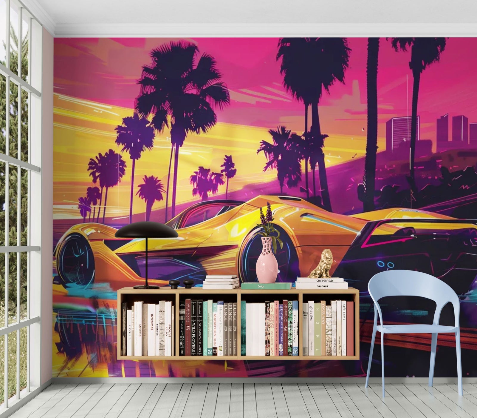 Papier Peint Rétro - Supercar Sunset Néon